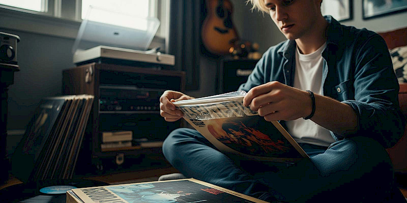 Young person removes shrink wrap from record.