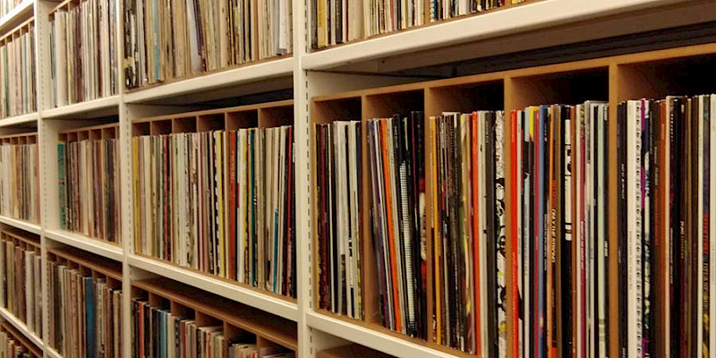 shelves storing vinyl records